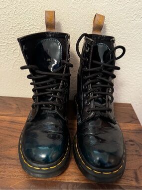 Dr. Martens Black Patent Lace-Up Boots with Yellow Stitching